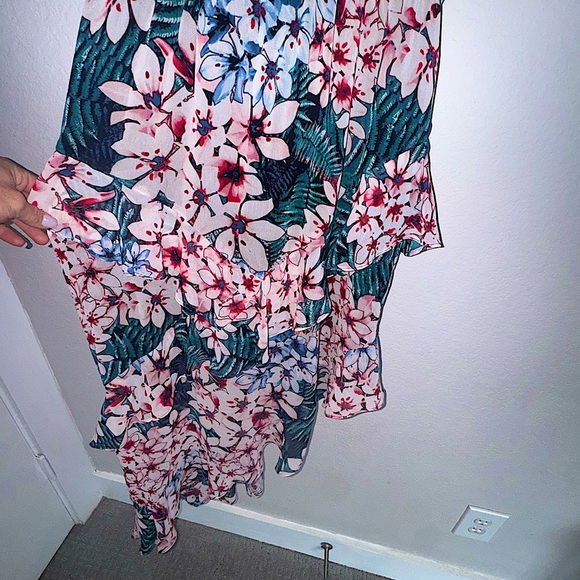 BCBG Tropical Floral Print Dress with Tiered Sheer Overlay - Picture 3 of 4